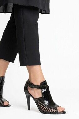 Clotilde Black Patent Leather Cage Heels, size 8
